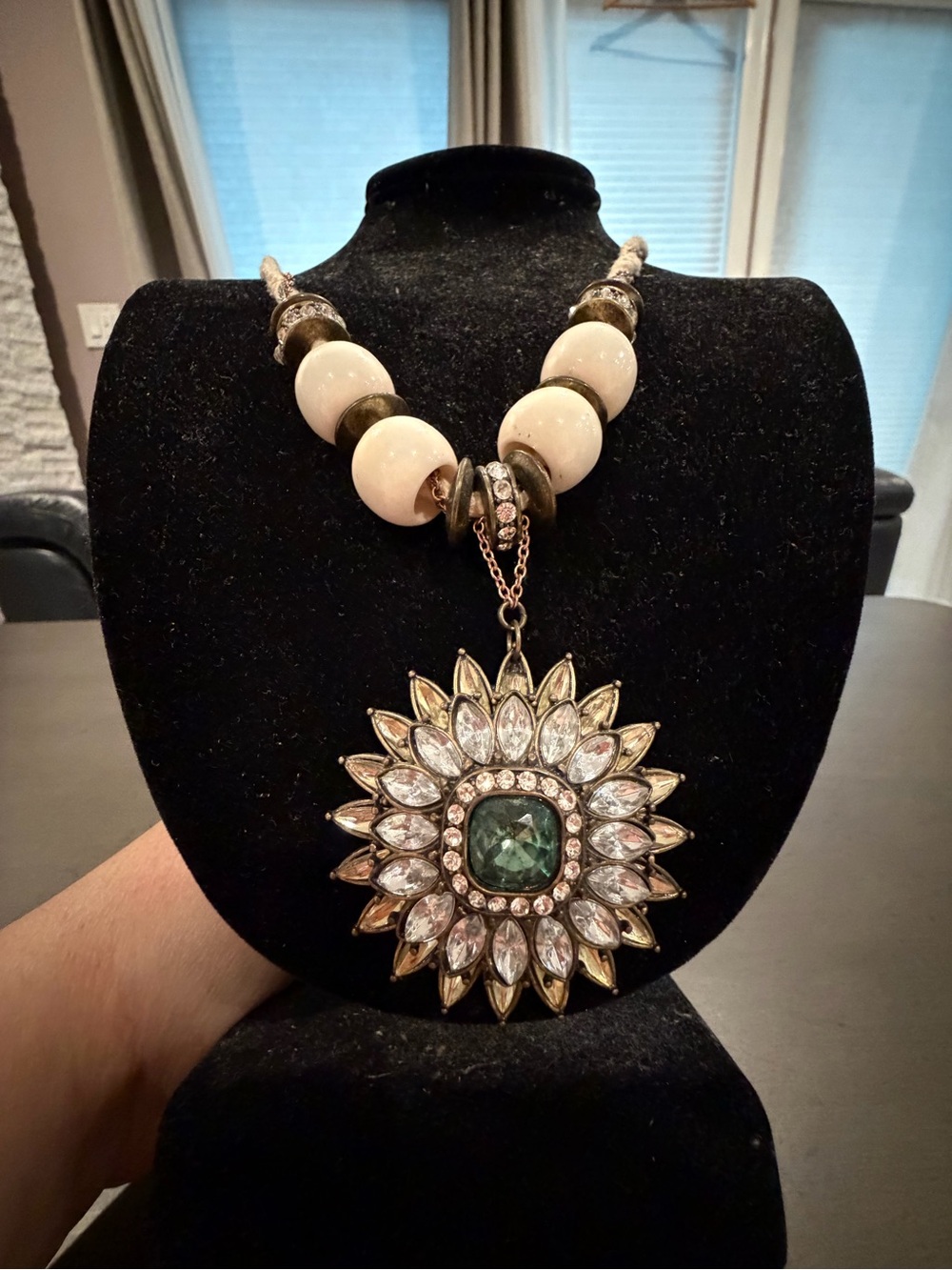 Sunburst Pendant Necklace with Green Gem and Cream Beads